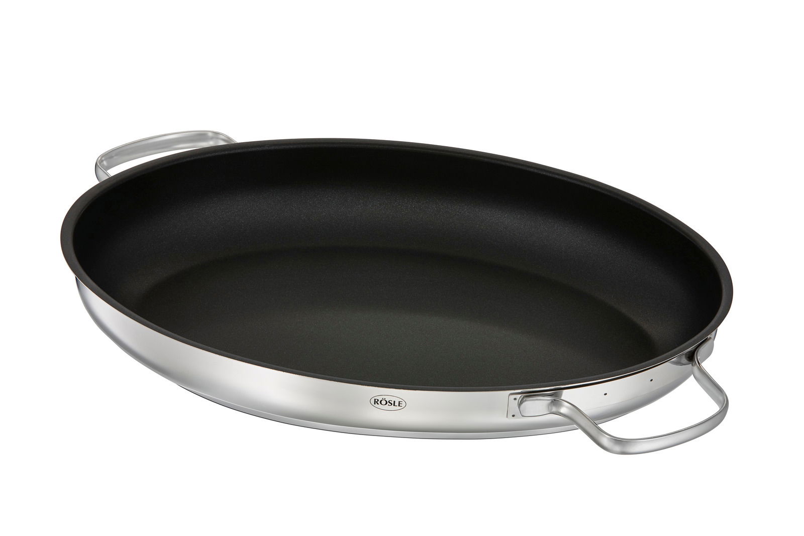 Ovaler Bräter Elegance aus Edelstahl mit zwei Griffen, Ansicht von oben.