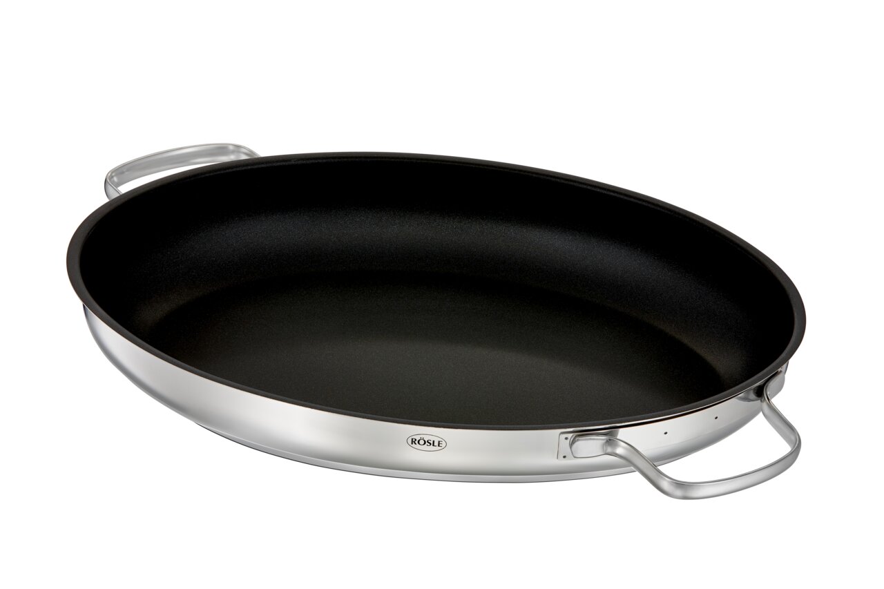 Ovaler Bräter Elegance aus Edelstahl mit zwei Griffen, Ansicht von oben.