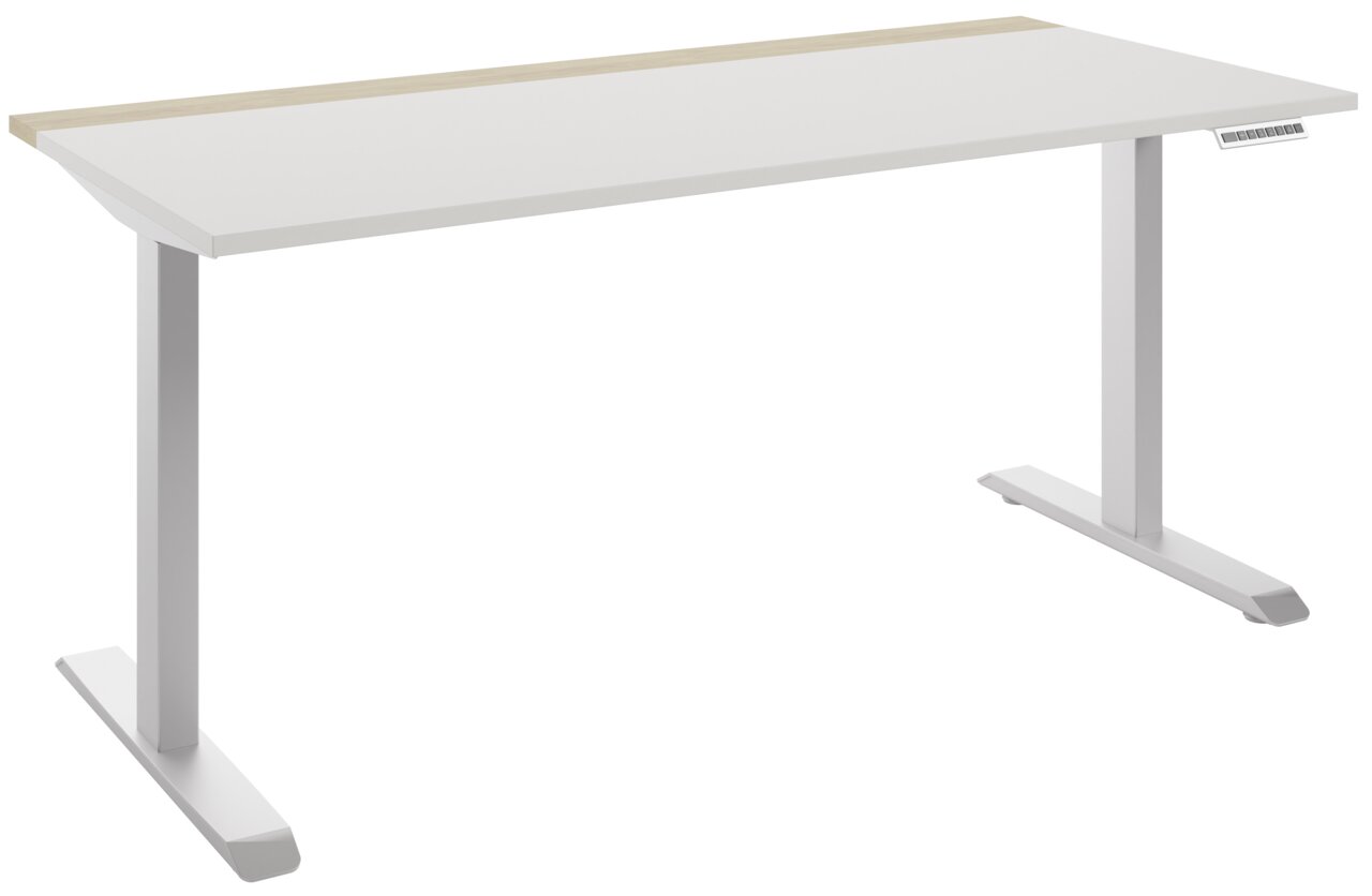 Moderner E-Schreibtisch in Seitenansicht mit weißer Tischplatte und hellen Akzenten, höhenverstellbar mit digitalem Bedienfeld.