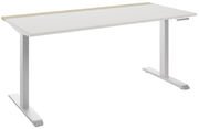 Moderner E-Schreibtisch in Seitenansicht mit weißer Tischplatte und hellen Akzenten, höhenverstellbar mit digitalem Bedienfeld.