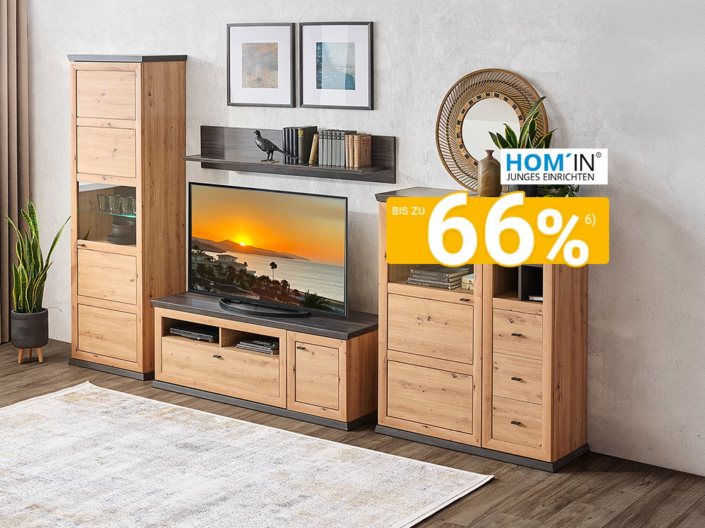 Wohnkombination BENTON/CAMRON in Holzoptik mit Vitrinen, TV-Lowboard und Wandboard – HOM’IN, bis zu 66 % Rabatt.