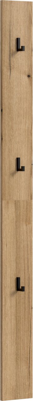 Frontale Ansicht einer schmalen Holz-Wandgarderobe mit natürlicher Maserung und drei schwarzen L-förmigen Haken