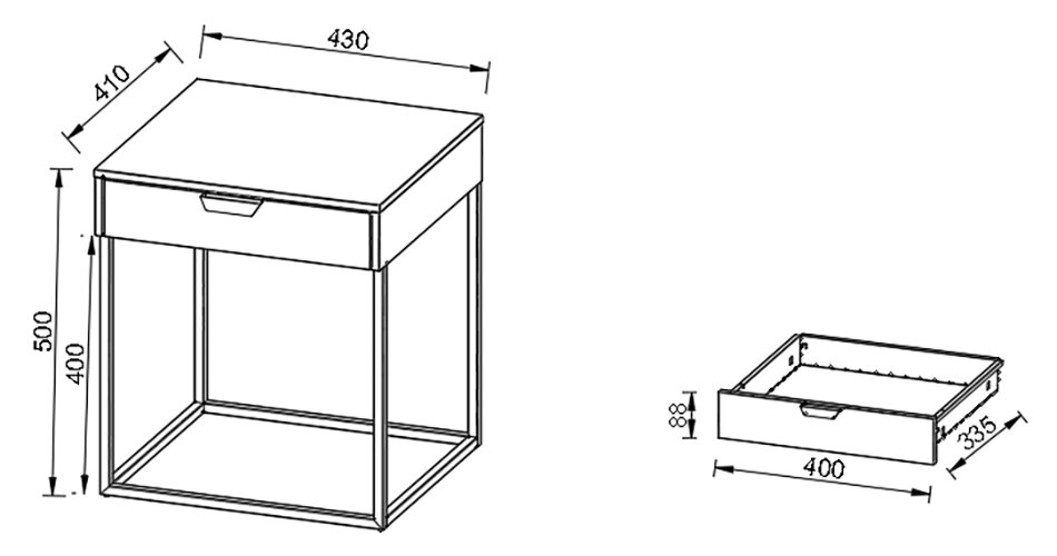 Technische Strichzeichnung eines quadratischen Beistelltischs/Nachttischs mit Schublade und offenem Metallrahmen, Maße ca. 430×410×500 mm; perspektivische Ansicht schräg von vorn oben, daneben separate Schublade mit Maßangaben (ca. 400×335 mm).