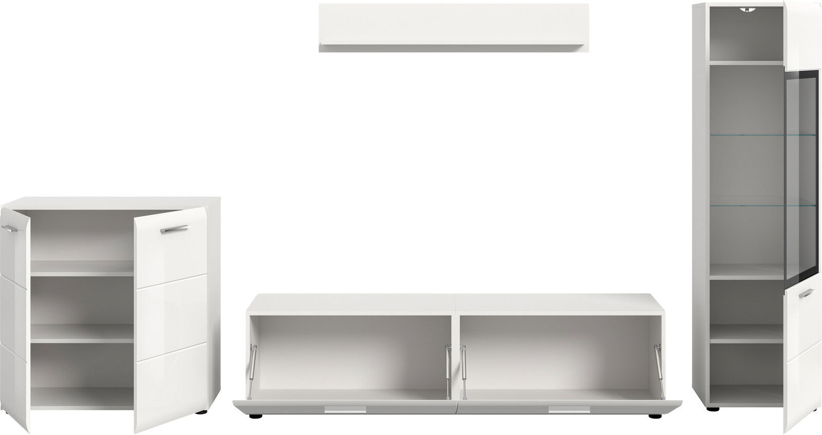 Weißes Wohnmöbel-Set mit Schrank, Lowboard und Vitrine, Türen geöffnet, Frontansicht auf weißem Hintergrund