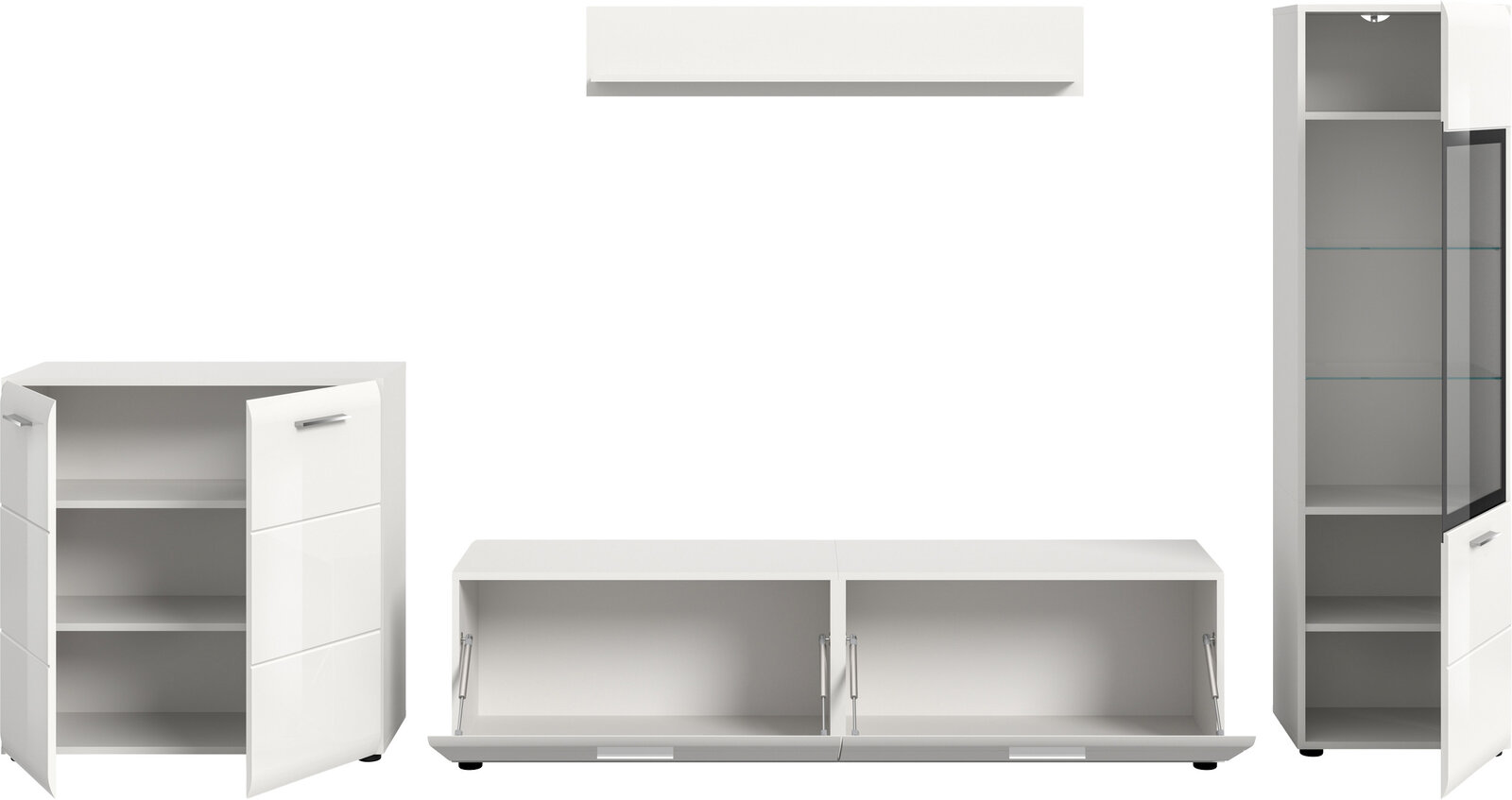 Weißes Wohnmöbel-Set mit Schrank, Lowboard und Vitrine, Türen geöffnet, Frontansicht auf weißem Hintergrund