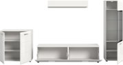Weißes Wohnmöbel-Set mit Schrank, Lowboard und Vitrine, Türen geöffnet, Frontansicht auf weißem Hintergrund