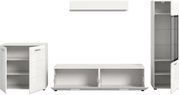 Weißes Wohnmöbel-Set mit Schrank, Lowboard und Vitrine, Türen geöffnet, Frontansicht auf weißem Hintergrund