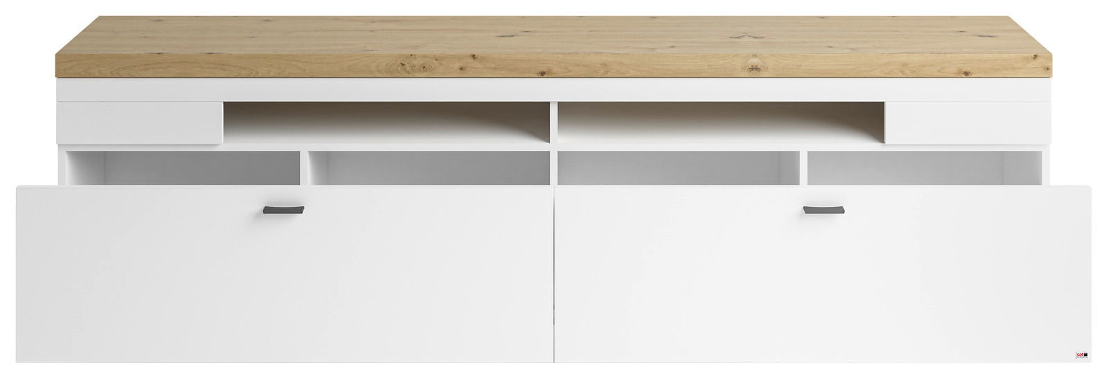 Frontale Ansicht eines modernen TV-Lowboards mit weißem Korpus und einer Holzoberfläche.