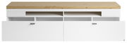 Frontale Ansicht eines modernen TV-Lowboards mit weißem Korpus und einer Holzoberfläche.
