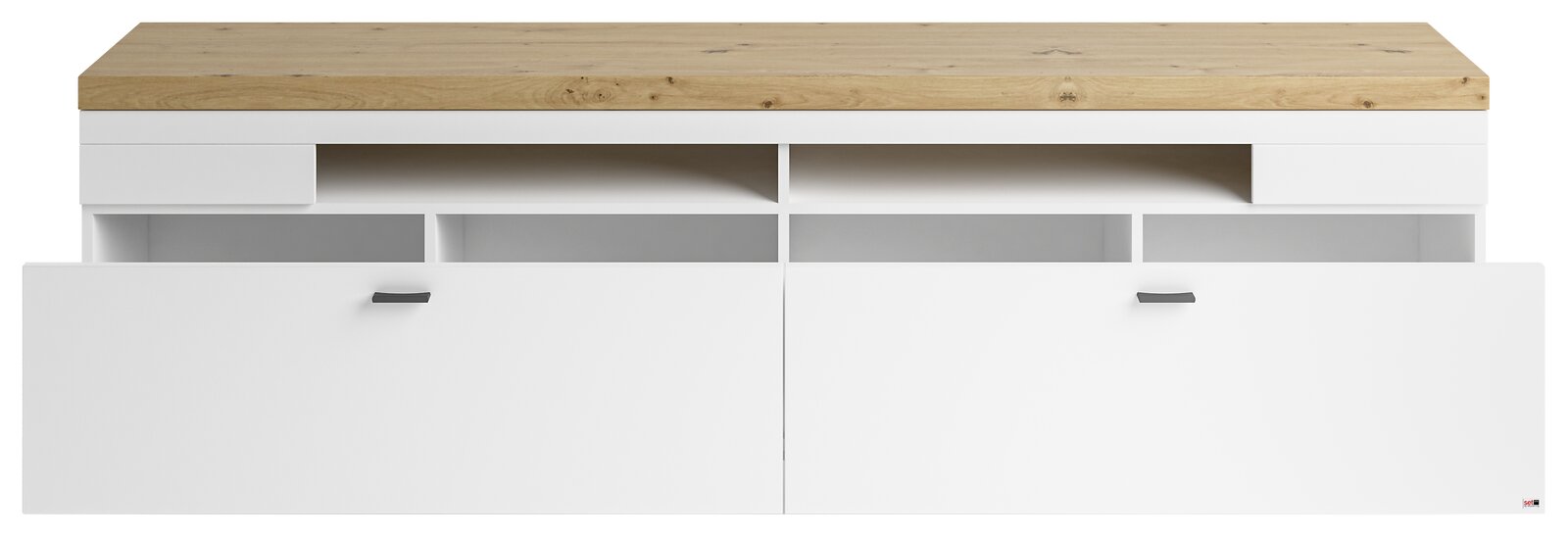 Frontale Ansicht eines modernen TV-Lowboards mit weißem Korpus und einer Holzoberfläche.