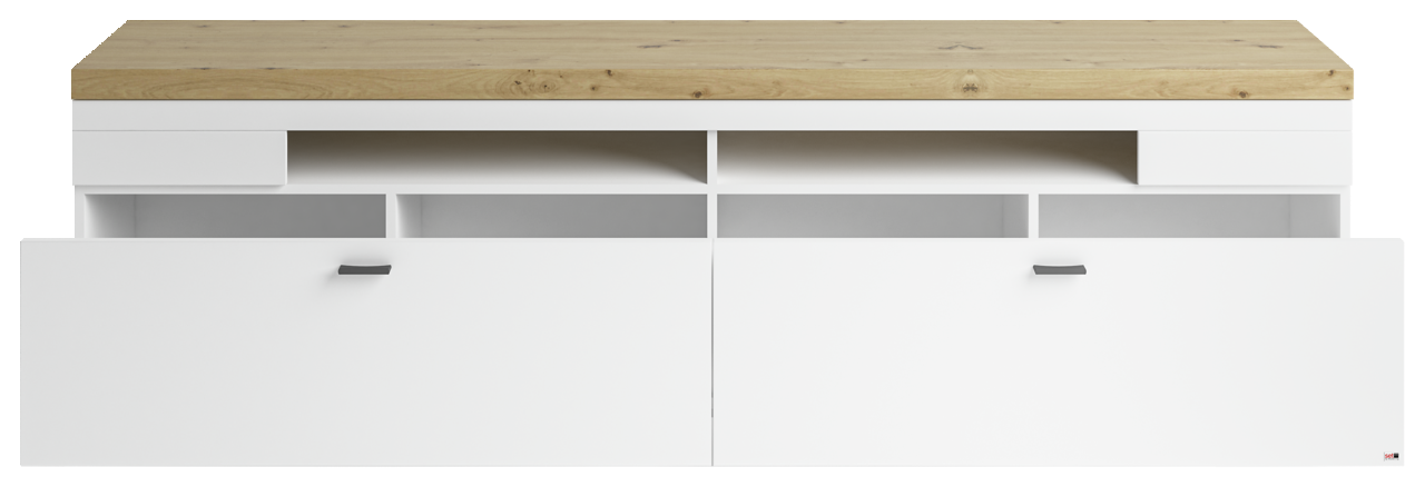 Set one by Musterring TV-Lowboard SET ONE LANCASTER Frontale Ansicht eines modernen TV-Lowboards mit weißem Korpus und einer Holzoberfläche.