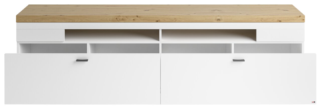 Set one by Musterring TV-Lowboard SET ONE LANCASTER Frontale Ansicht eines modernen TV-Lowboards mit weißem Korpus und einer Holzoberfläche.