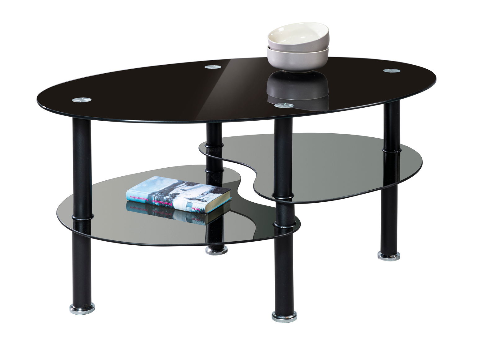 Z2 Couchtisch HEIDI Moderner Couchtisch mit schwarzer Glasplatte und zwei Ablagen, seitliche Perspektive