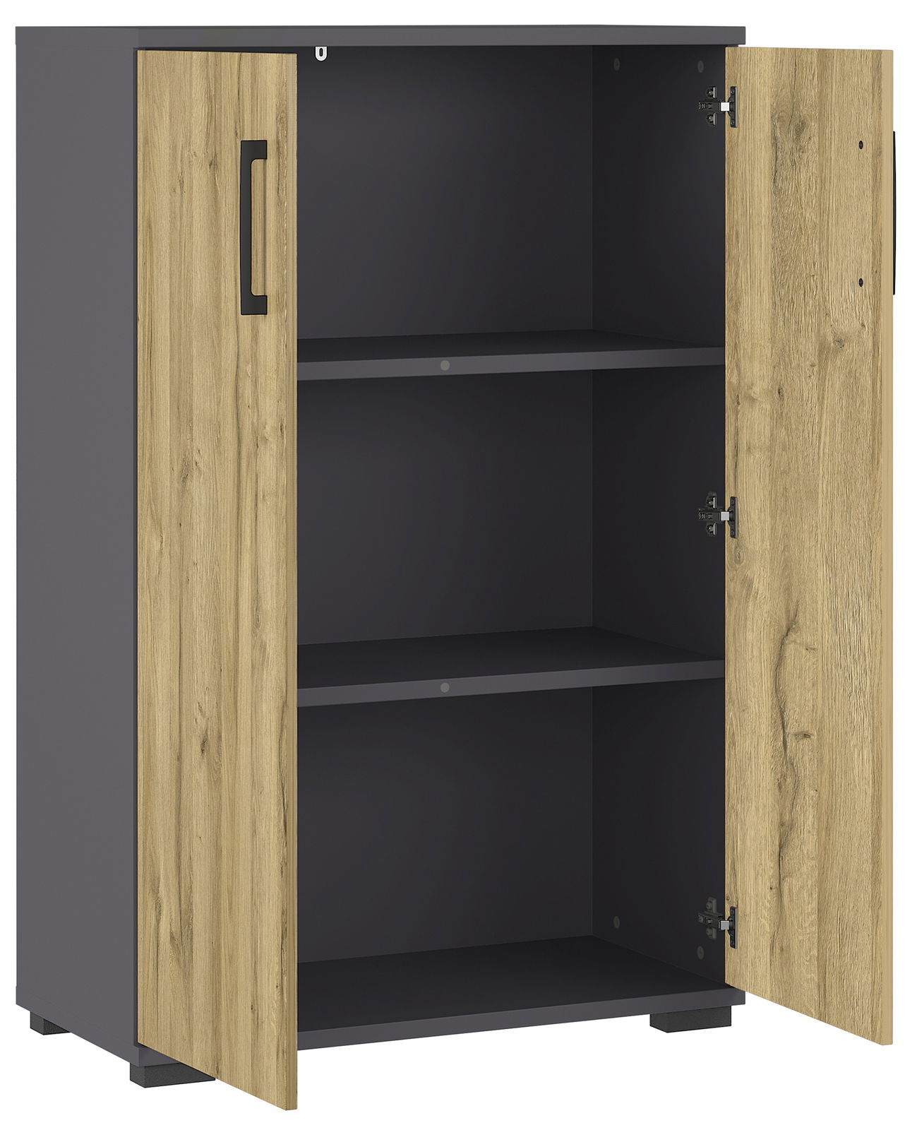 Aktenschrank mit zwei offenen Holztüren, zwei Einlegeböden und einer modernen Holzoptik, frontal betrachtet.