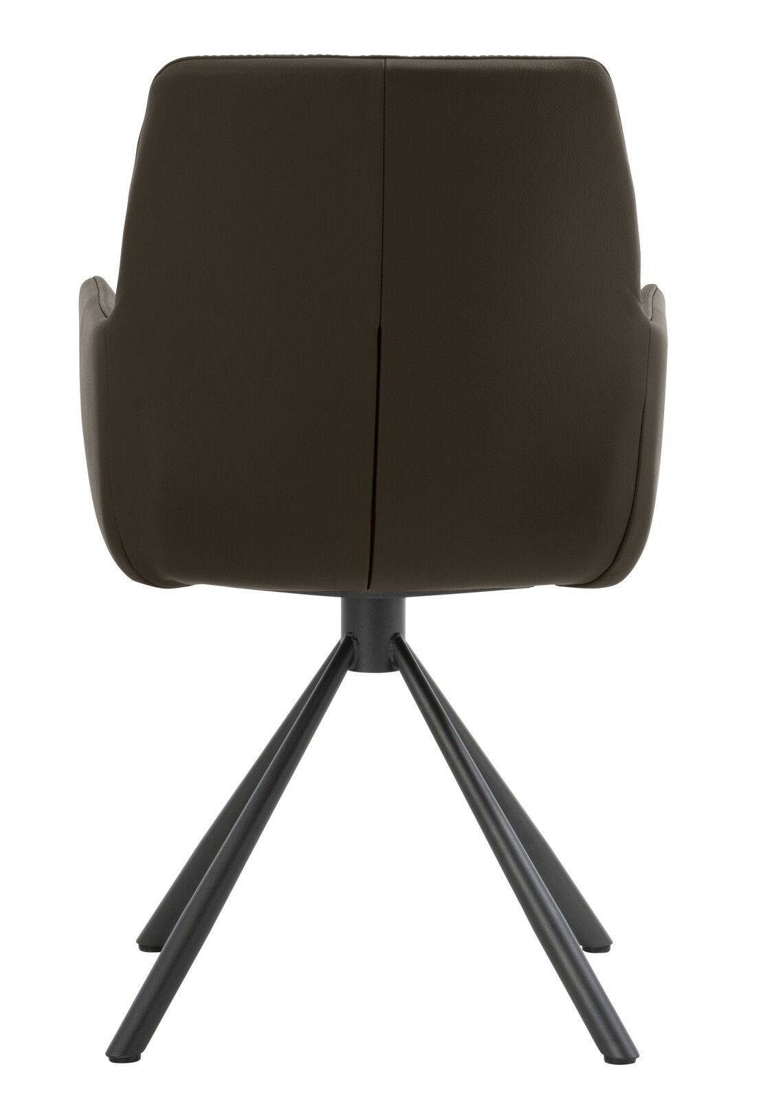 Rückansicht eines Armlehnstuhls mit schwarzem Metallgestell und dunkelbrauner Polsterung.