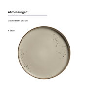 Runder, gesprenkelter Keramik-Speiseteller in Creme mit braunem Rand, Durchmesser 22,5 cm, im Set mit 4 Stück, Draufsicht (Top-Down) vor weißem Hintergrund