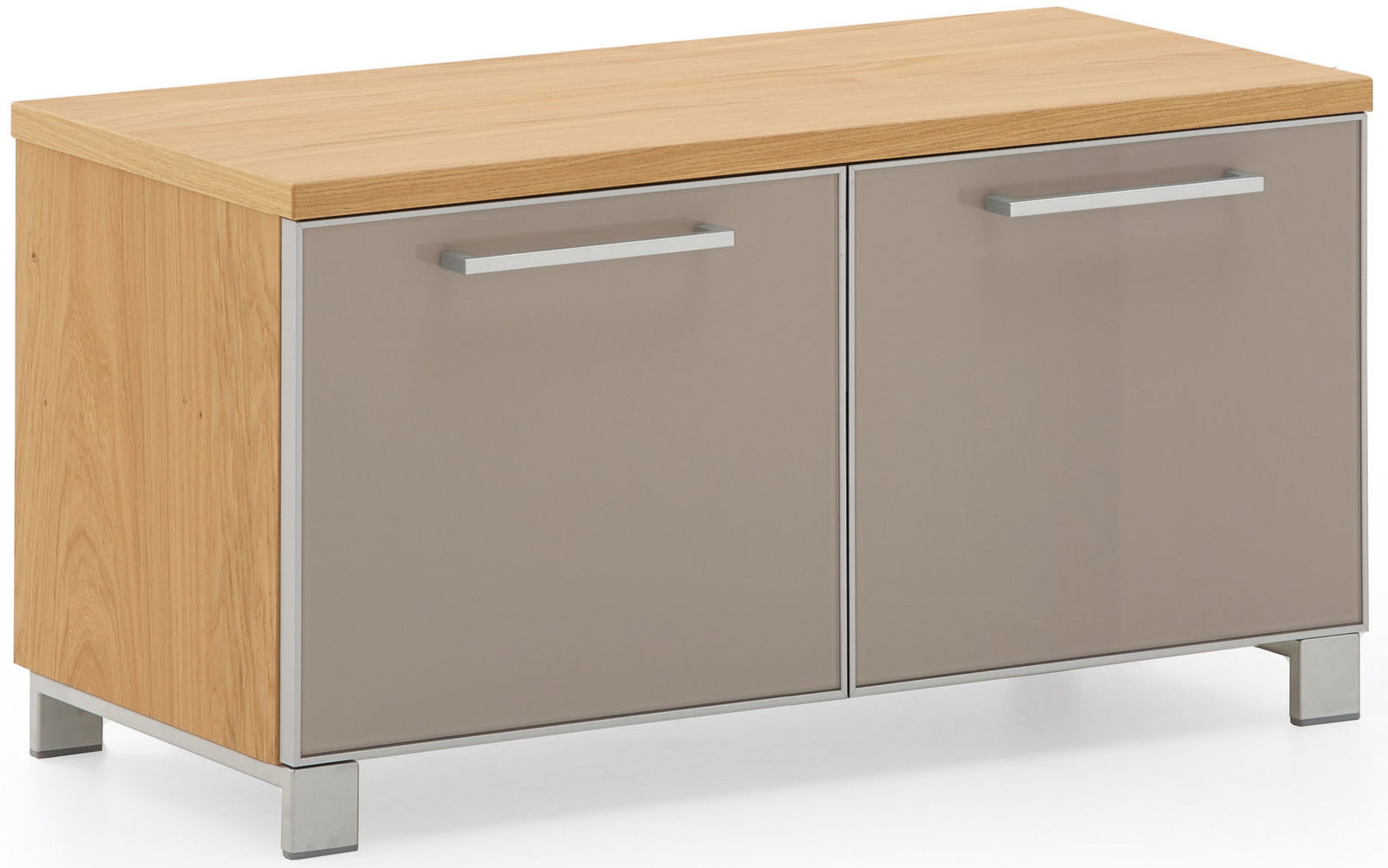 Garderobenbank aus Holz mit zwei Türen, seitliche Perspektive