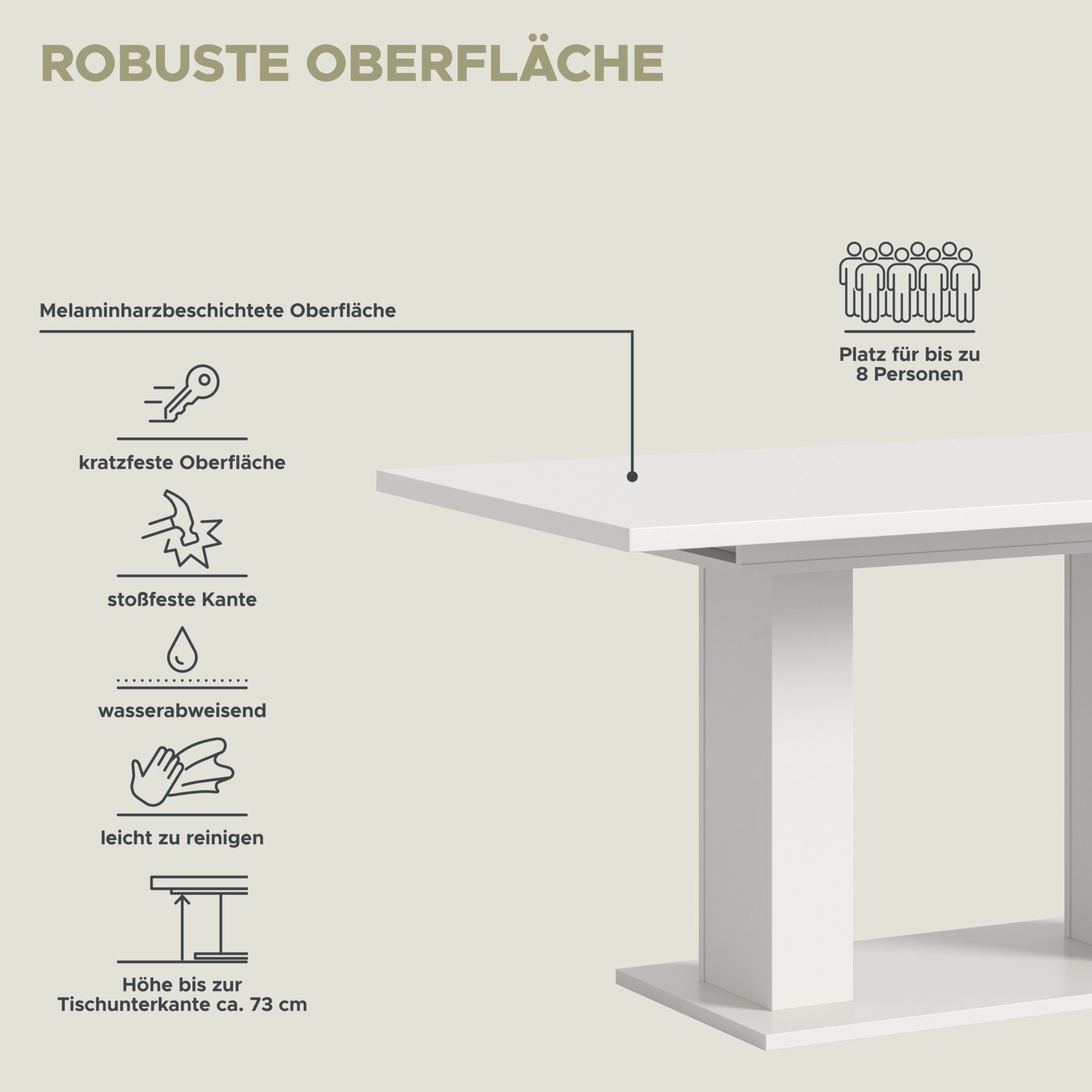 Moderner Esstisch mit robuster, melaminharzbeschichteter Oberfläche, kratzfest, stoßfeste Kante, wasserabweisend und leicht zu reinigen, bietet Platz für bis zu 8 Personen, seitliche Perspektive.