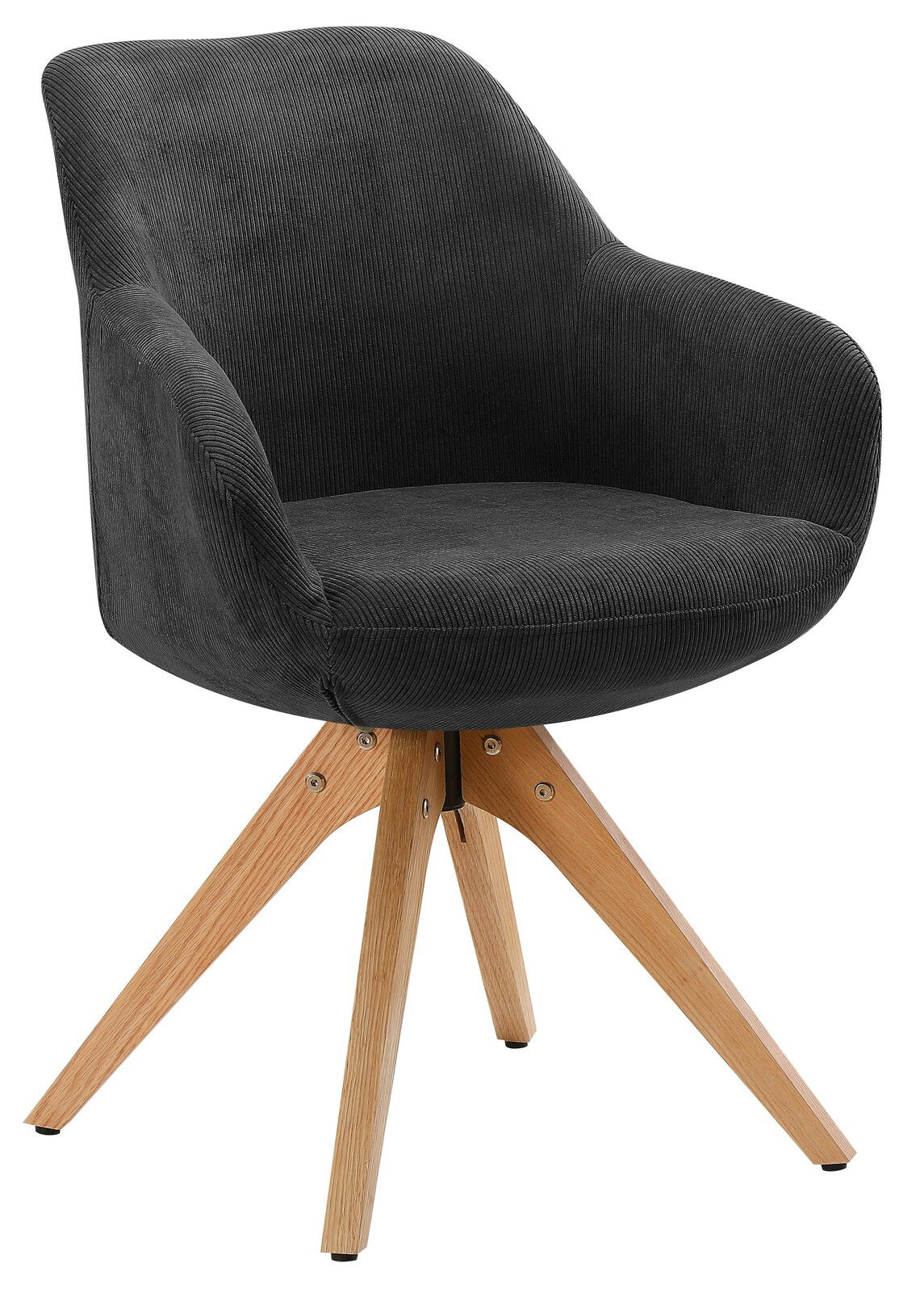 Schwarzer Armlehnstuhl mit Holzbeinen, seitliche Perspektive