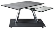 Moderne salontafel met rechthoekig betonnen blad en glazen blad, schuin geplaatste metalen poten, zijaanzicht