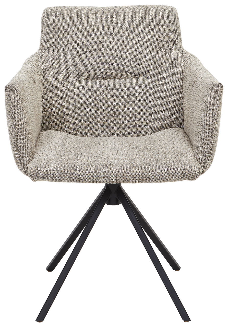 Moderner Sessel mit beigem Stoffbezug und schwarzen Metallbeinen, Frontalansicht.
