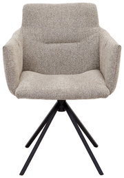 Moderner Sessel mit beigem Stoffbezug und schwarzen Metallbeinen, Frontalansicht.