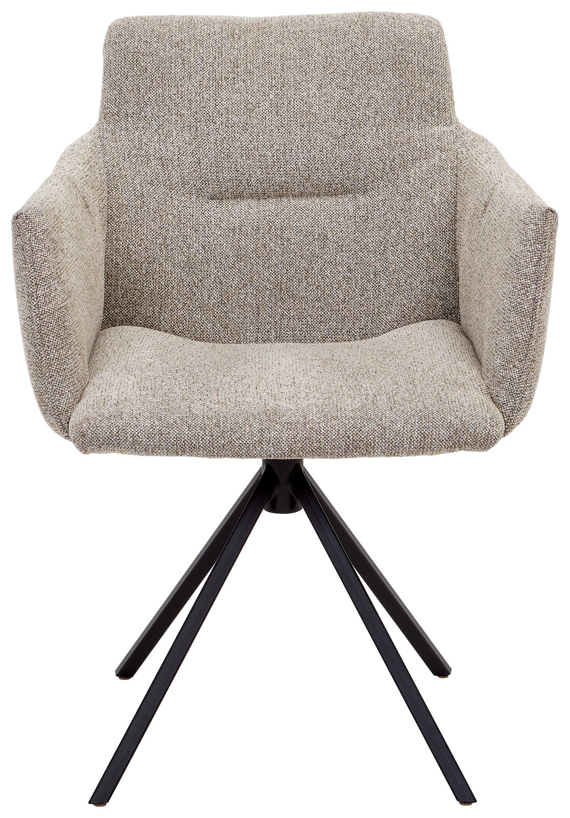 Moderner Sessel mit beigem Stoffbezug und schwarzen Metallbeinen, Frontalansicht.
