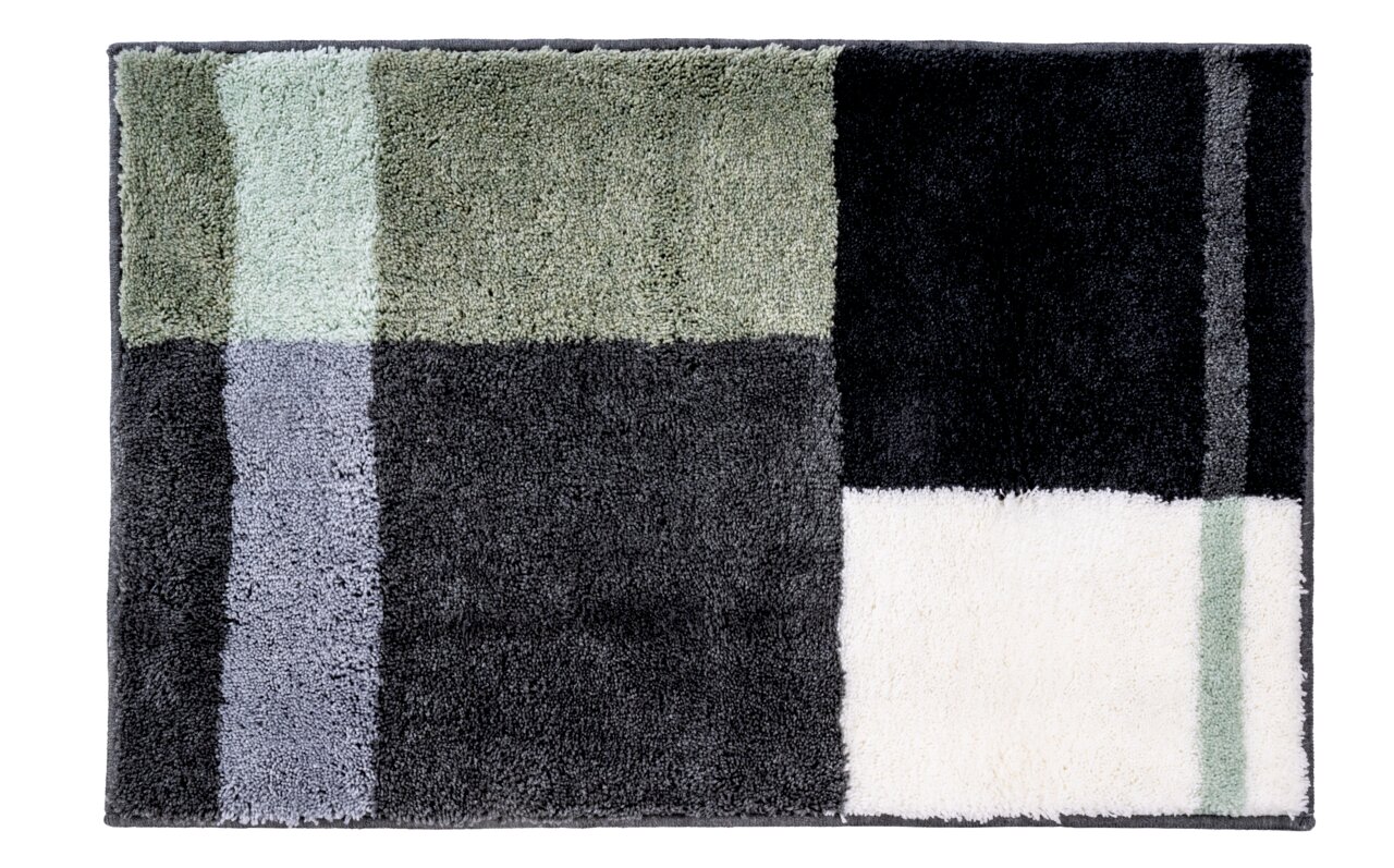 Badmat 55 x 60 cm met geometrisch patroon in groene, grijze en zwarte tinten, bovenaanzicht