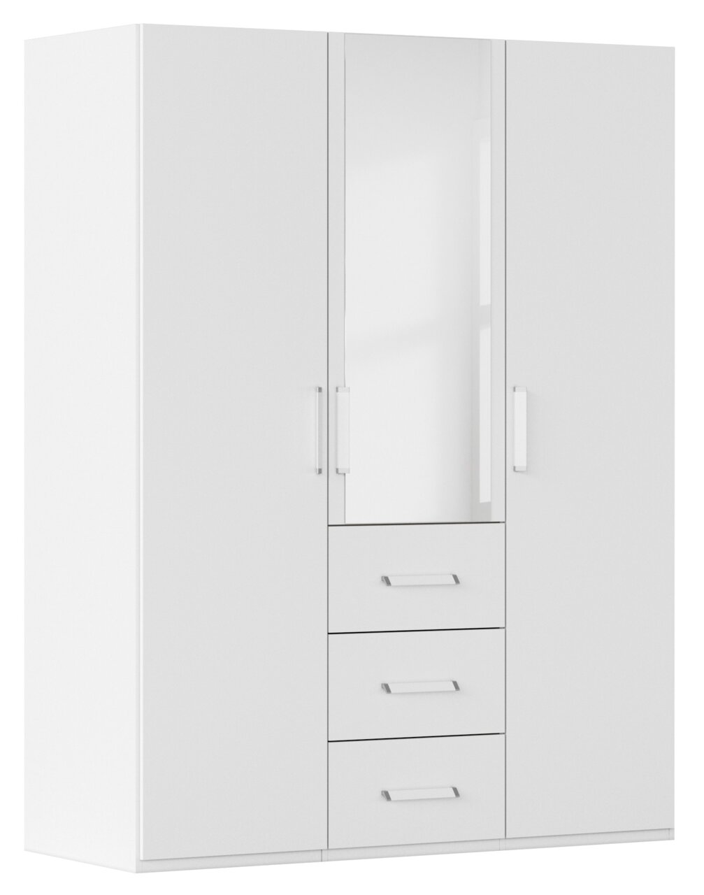 Weißer dreitüriger Drehtürenschrank mit mittigem Spiegel und drei Schubladen, seitliche Perspektive