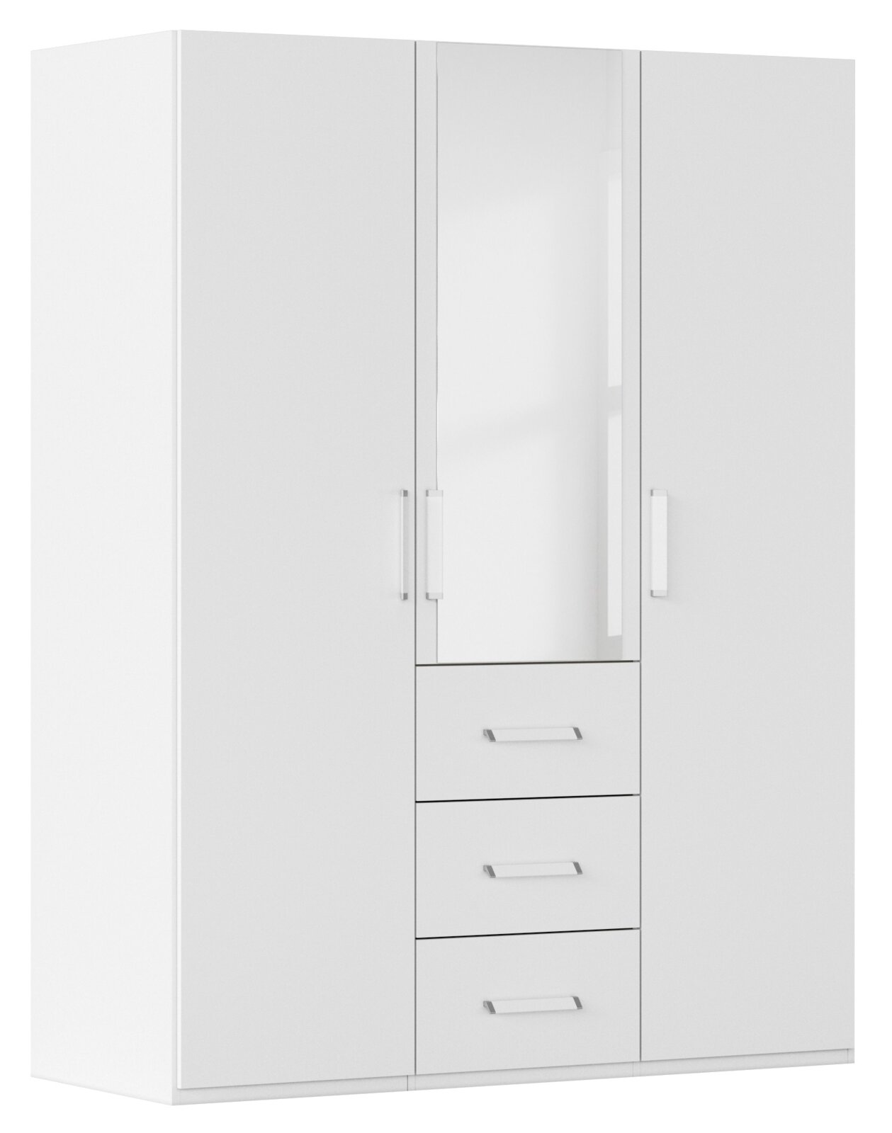 Intro Drehtürenschrank 3-türig RUDI Weißer dreitüriger Drehtürenschrank mit mittigem Spiegel und drei Schubladen, seitliche Perspektive