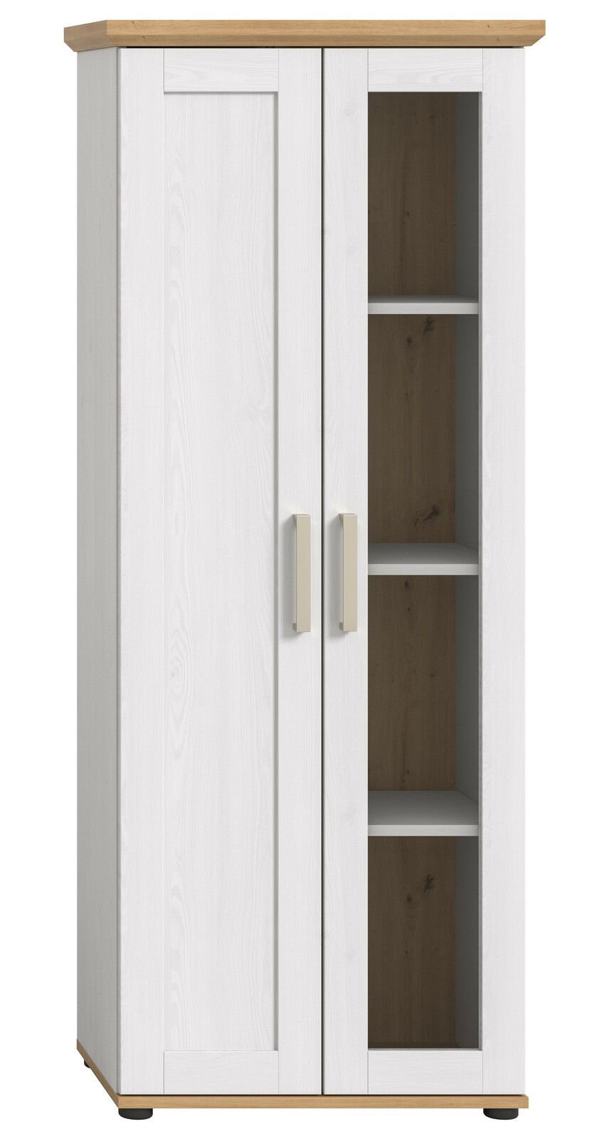 Vitrine mit zwei Türen, eine davon mit Glaseinsatz, in weißem Holzdesign mit naturfarbenem Deckel und Boden, Frontalansicht