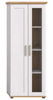 Vitrine mit zwei Türen, eine davon mit Glaseinsatz, in weißem Holzdesign mit naturfarbenem Deckel und Boden, Frontalansicht