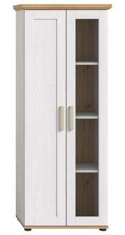 Vitrine mit zwei Türen, eine davon mit Glaseinsatz, in weißem Holzdesign mit naturfarbenem Deckel und Boden, Frontalansicht