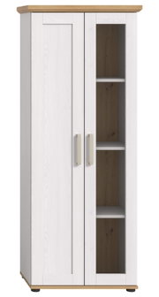 Vitrine mit zwei Türen, eine davon mit Glaseinsatz, in weißem Holzdesign mit naturfarbenem Deckel und Boden, Frontalansicht