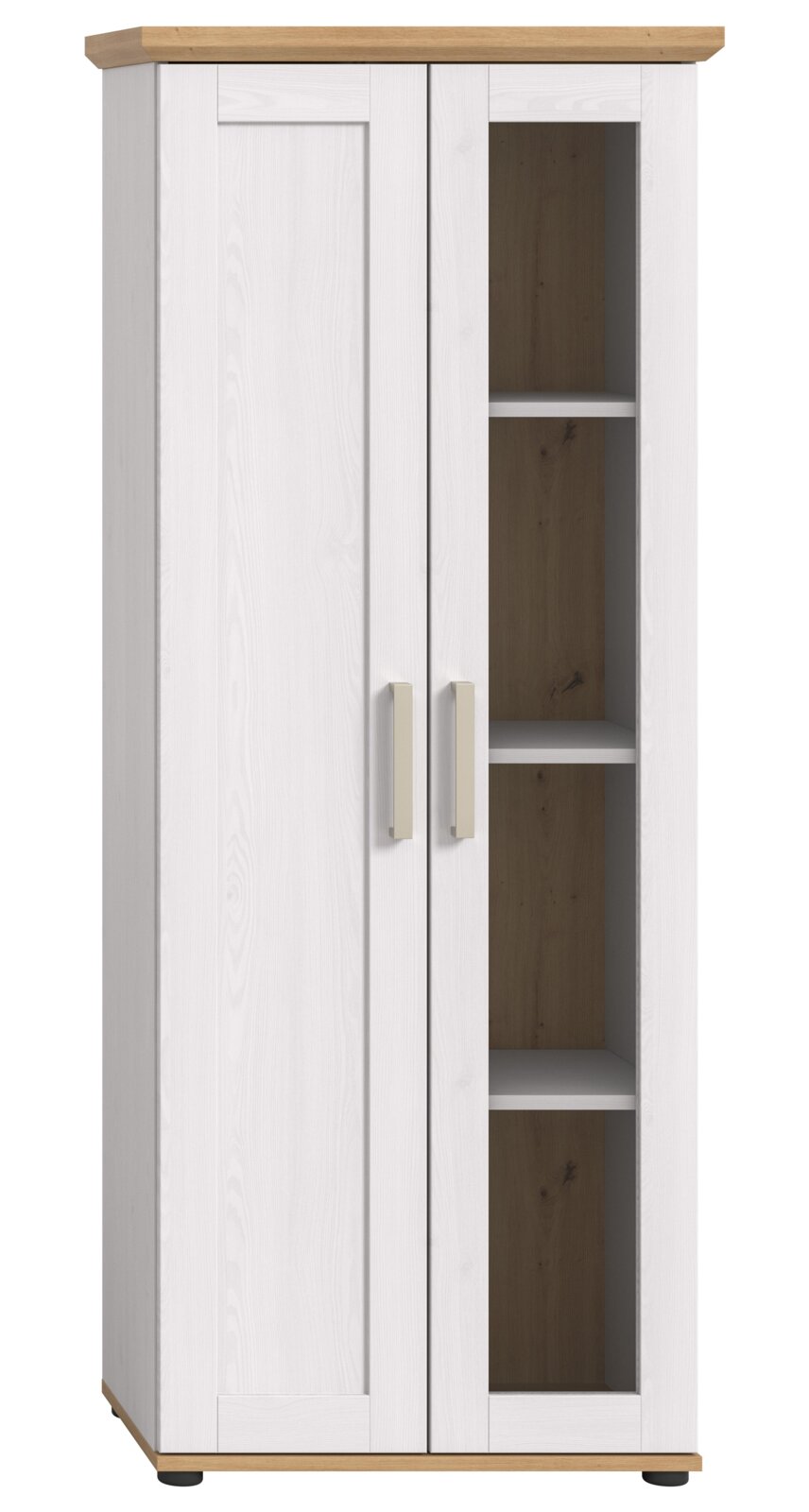 Vitrine mit zwei Türen, eine davon mit Glaseinsatz, in weißem Holzdesign mit naturfarbenem Deckel und Boden, Frontalansicht