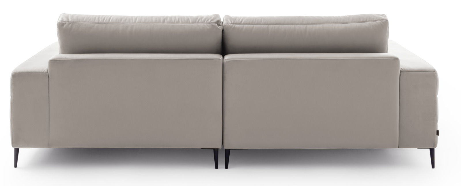 Rückansicht einer modernen, grauen Longchairkombination mit schlanken, schwarzen Beinen.