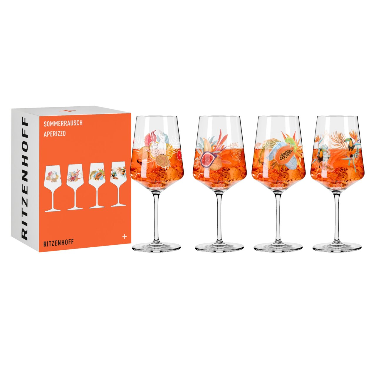 Vier stilvolle Aperizzo-Gläser mit tropischen Motiven, gefüllt mit einem orangefarbenen Getränk, neben einer dekorativen Verpackung. Frontale Ansicht.