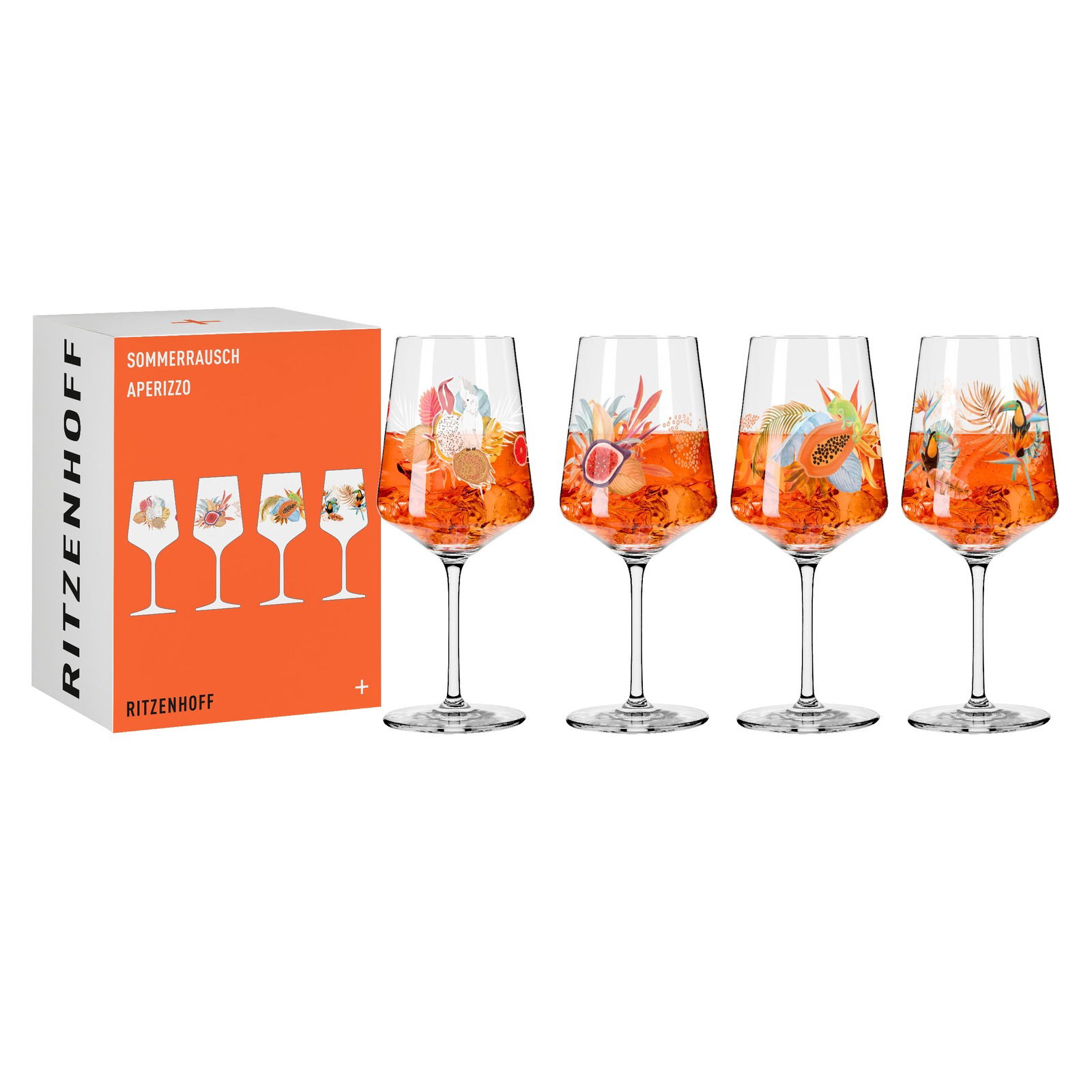 Vier stilvolle Aperizzo-Gläser mit tropischen Motiven, gefüllt mit einem orangefarbenen Getränk, neben einer dekorativen Verpackung. Frontale Ansicht.
