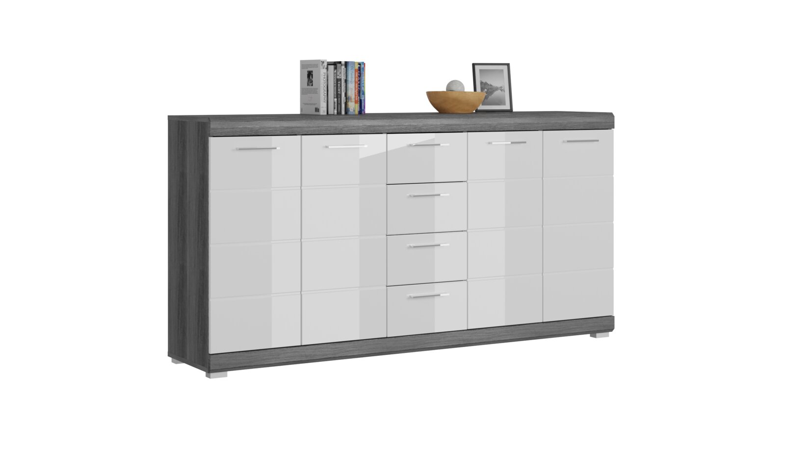 MID.YOU Kommode SCOUT Modernes Sideboard in Anthrazit-Holzoptik mit weißen Hochglanzfronten, mehreren Türen und Schubladen, freigestellt auf weißem Hintergrund, Ansicht schräg von vorne.