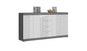 Modernes Sideboard in Anthrazit-Holzoptik mit weißen Hochglanzfronten, mehreren Türen und Schubladen, freigestellt auf weißem Hintergrund, Ansicht schräg von vorne.