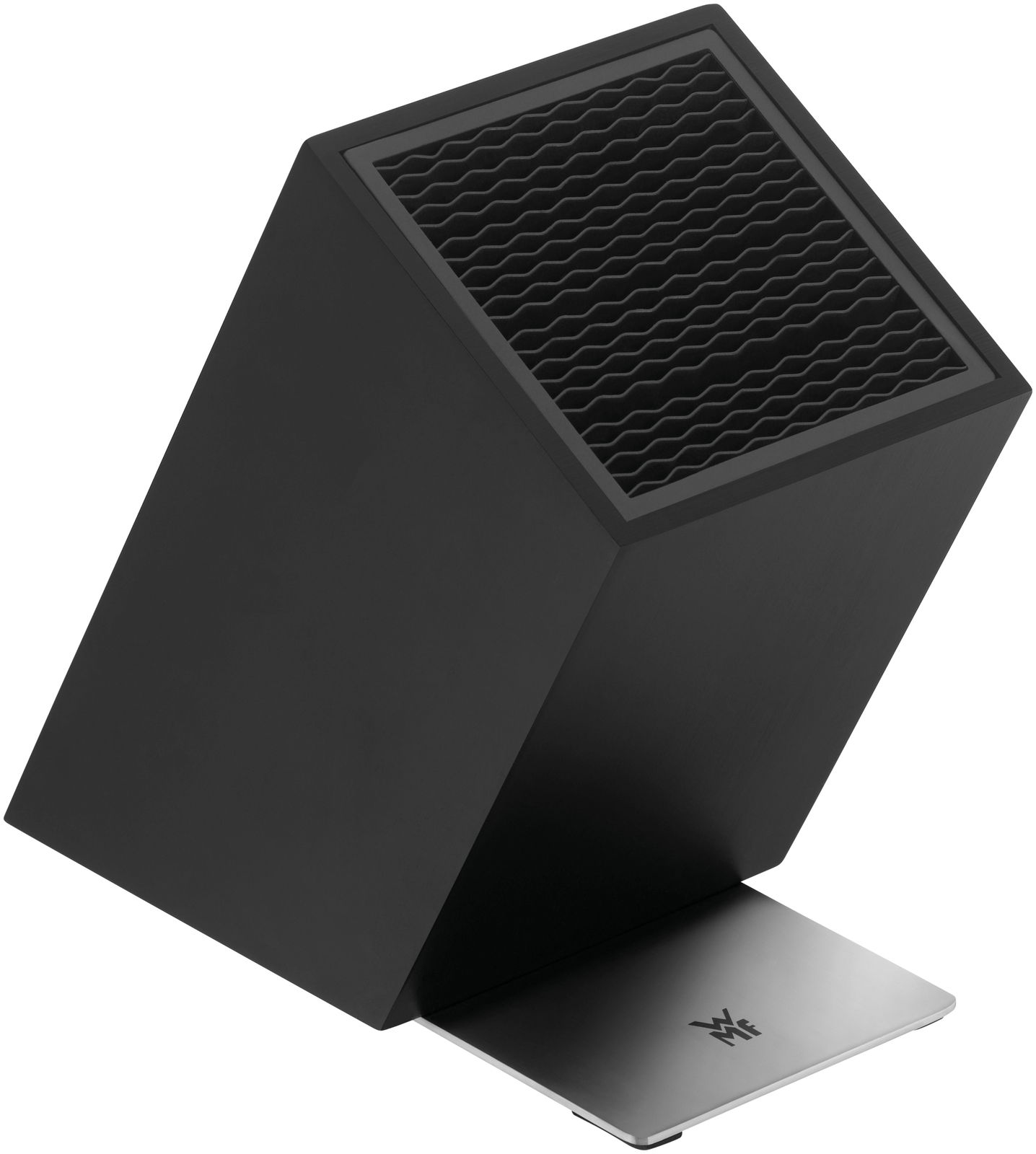 WMF Unbestückter Messerblock Black Schwarzer, unbestückter Messerblock in schräger Perspektive mit wellenförmigen Einsätzen und Metallfuß.