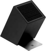 Schwarzer, unbestückter Messerblock in schräger Perspektive mit wellenförmigen Einsätzen und Metallfuß.