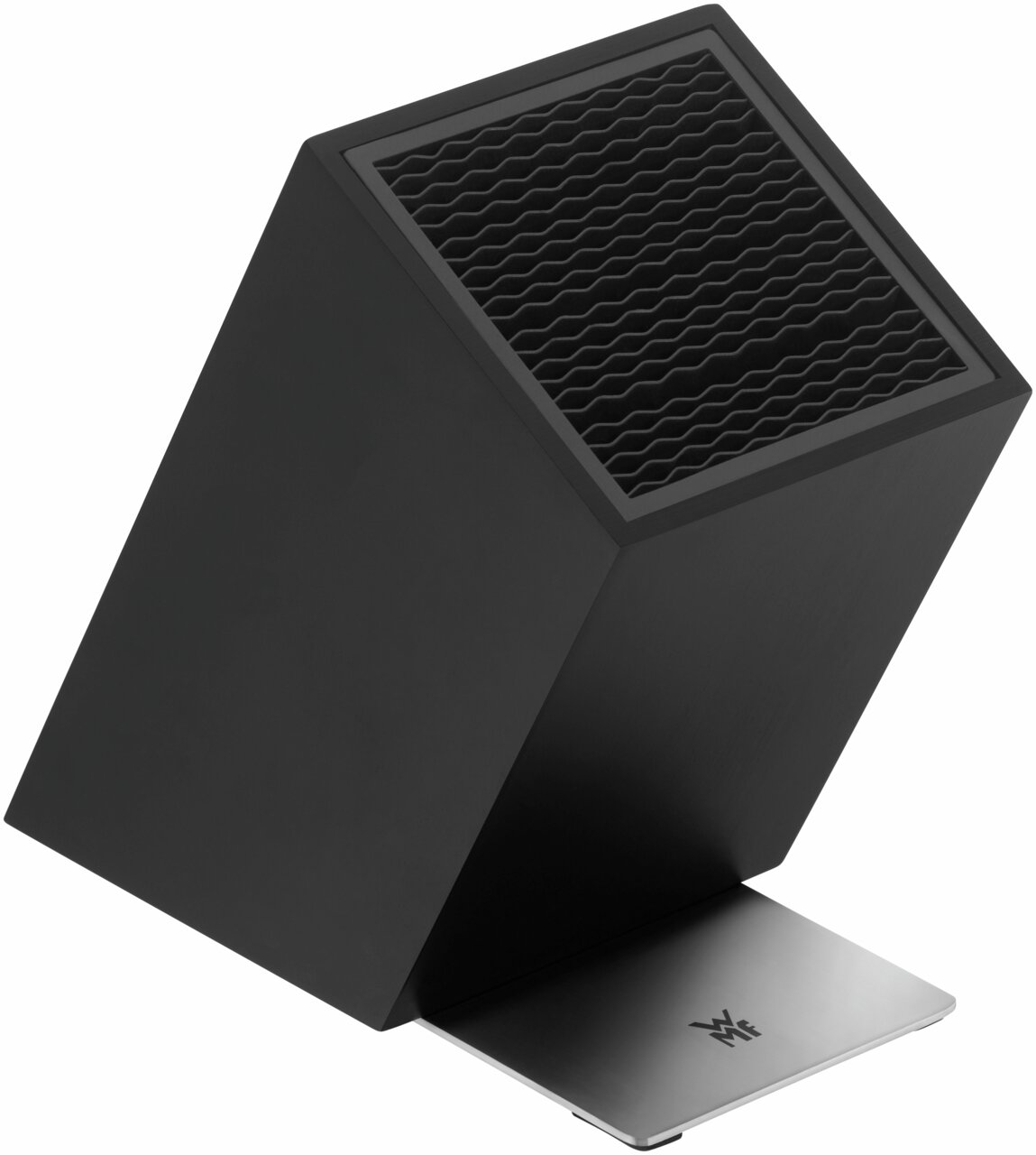 WMF Unbestückter Messerblock Black Schwarzer, unbestückter Messerblock in schräger Perspektive mit wellenförmigen Einsätzen und Metallfuß.