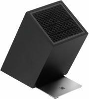 Zwart, leeg messenblok in schuin perspectief met golvende inzetstukken en een metalen voet.