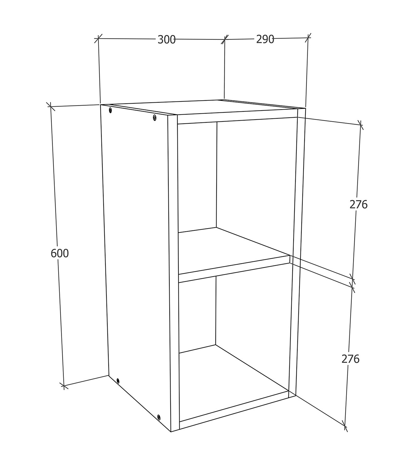 Technische 3D-Zeichnung eines offenen, rechteckigen Regalelements mit Mittelboden; Maße ca. 600 mm Höhe, 300/290 mm Breite und zwei Fächer je 276 mm, dargestellt in schräger Frontansicht.