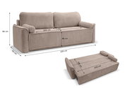Beiges Schlafsofa mit geripptem Stoff, abgebildet in zwei Perspektiven: als Sofa und ausgeklappt als Bett. Maße: 225 cm Breite, 96 cm Höhe, 93 cm Tiefe im Sofazustand; 200 cm Länge, 138 cm Breite im ausgeklappten Zustand.