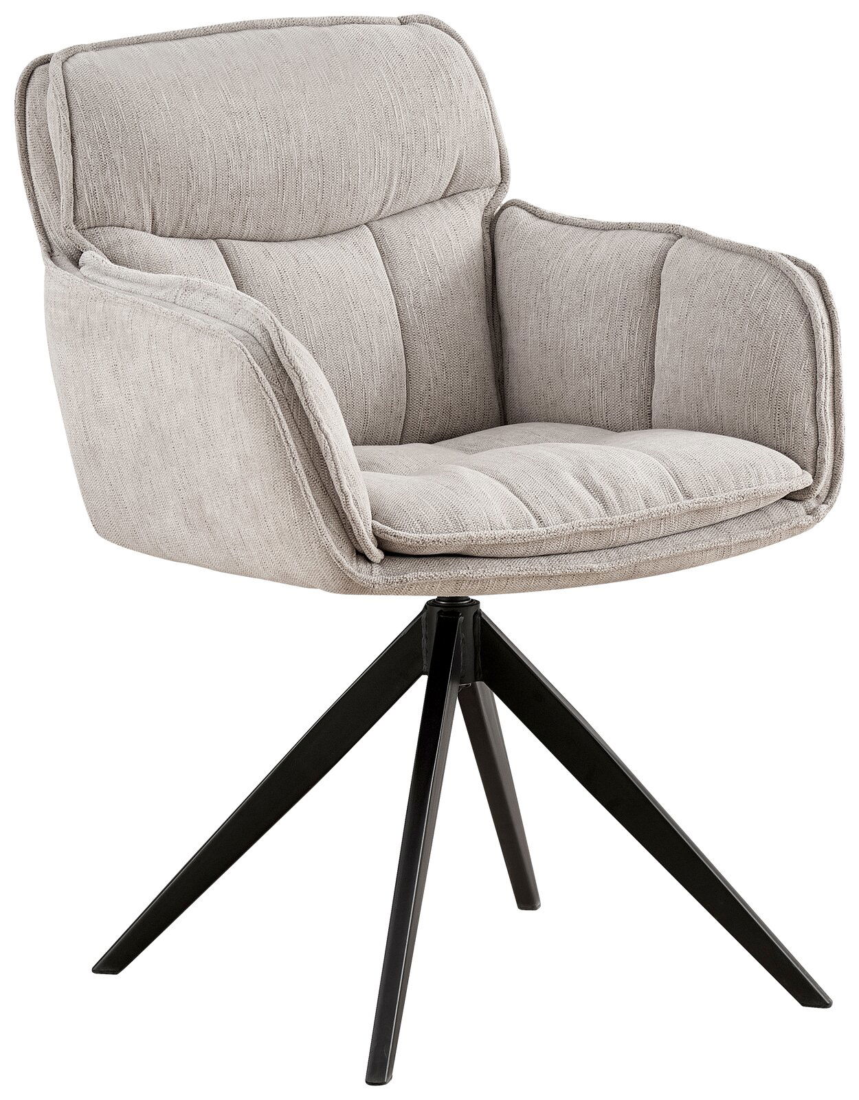 Beiger Armlehnstuhl mit gepolstertem Sitz und Rückenlehne, schwarzes Metallgestell, seitliche Perspektive