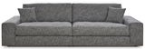 Großes, modernes Sofa in grauem Stoff mit zwei Kissen, frontal fotografiert.