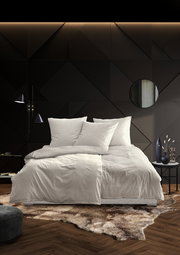 Elegante Bettwäsche in einem modernen Schlafzimmer mit dunkler Akzentwand und stilvollen Dekorationen, Vorderansicht.