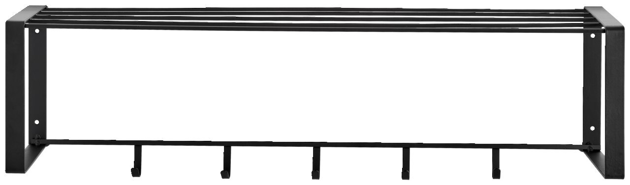 Schwarze Hängegarderobe aus Metall mit fünf Haken, seitliche Perspektive